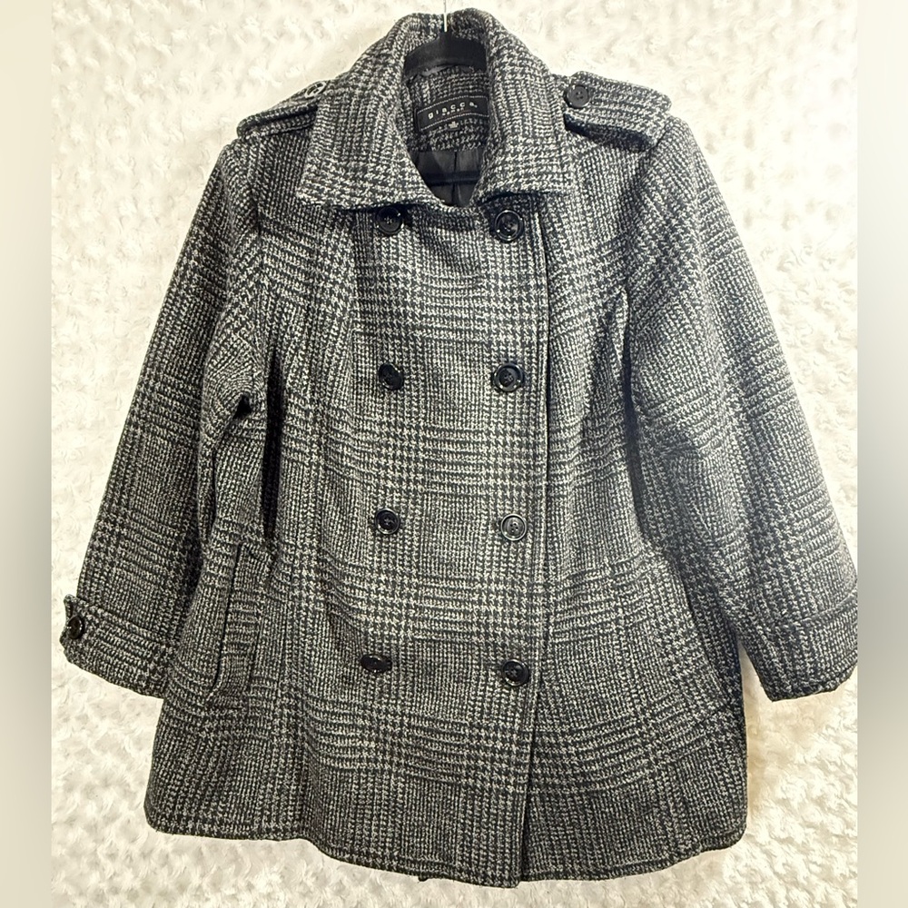 Giacca By Gallery Women’s 1X Plaid Black Gray Wool Blend Double-Breasted Coat